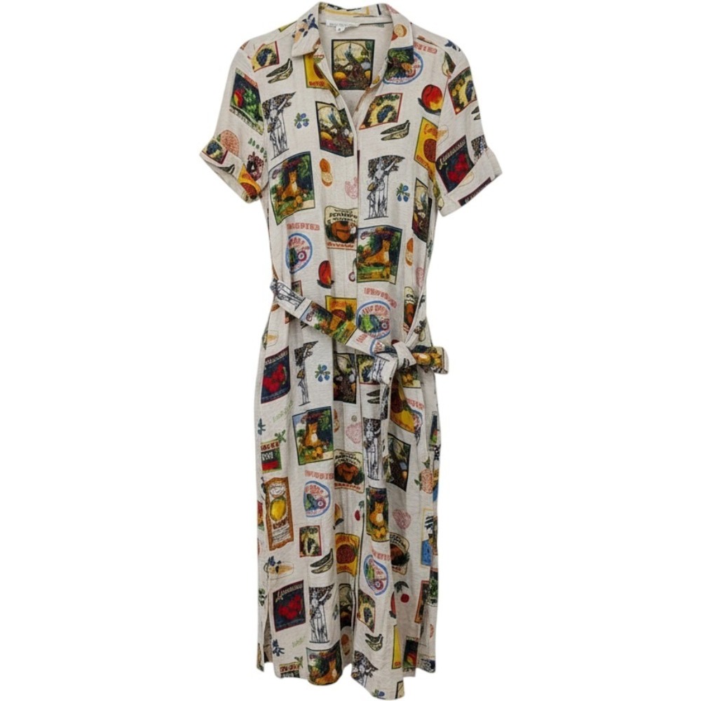 Jane + Delancey Linen Blend Shirt Dress Womens Medium Cream Fruit Rayon Midi